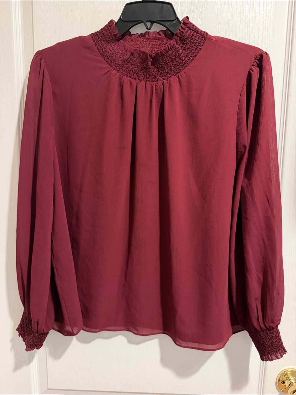 J. Crew Burgundy Smocked Mock Neck Blouse